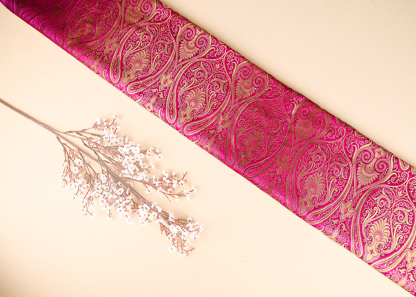 Rani Pink Banarasi Brocade Fabric With All Over Golden Zari Handloom 21850