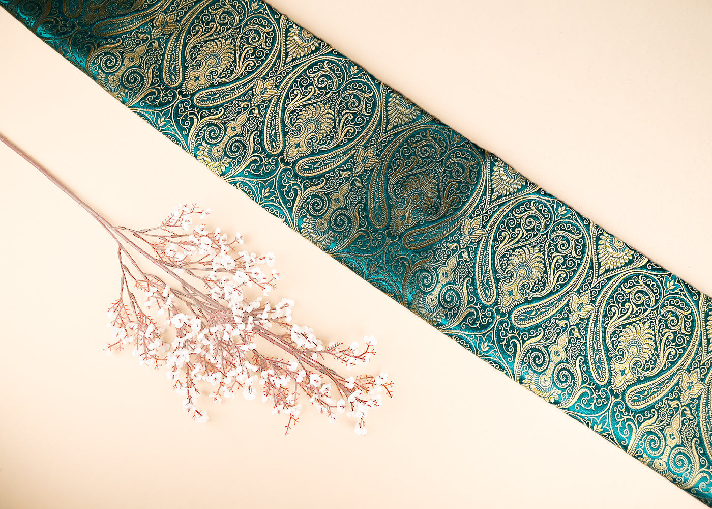 Teal Green Baluenarasi Brocade Fabric With All Over Golden Zari Handloom 21851