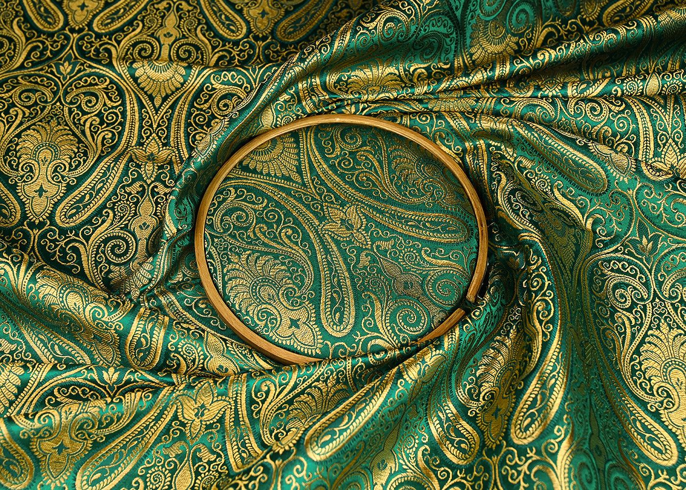 Teal-Green-Banarasi-Brocade-Fabric-With-All-Over-Golden-Zari-Handloom-21851-close-view