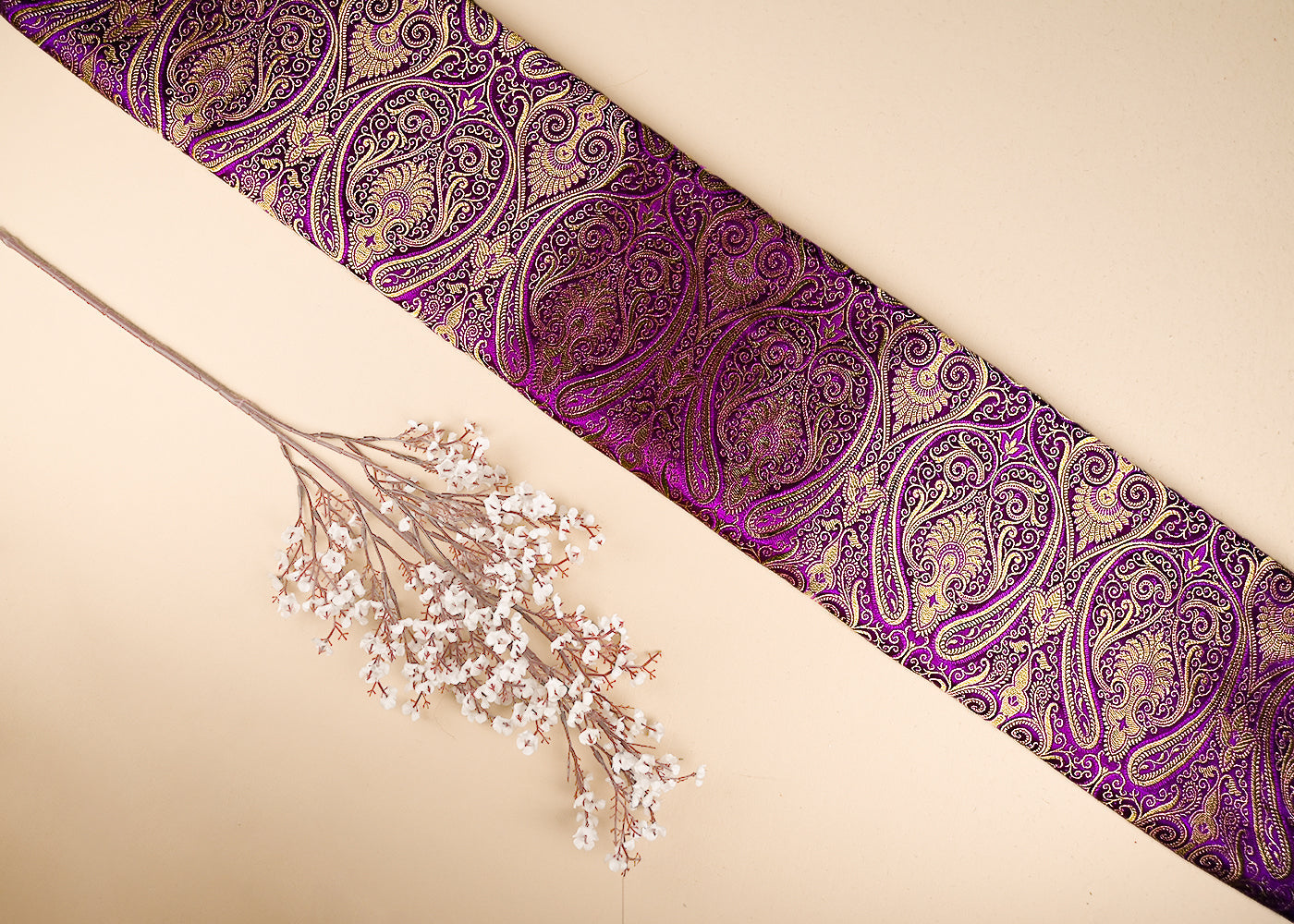 Purple Banarasi Brocade Fabric With All Over Zari Handloom 21854