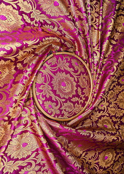 Purple Banarasi Brocade Fabric With All Over Golden Zari Handloom 21861