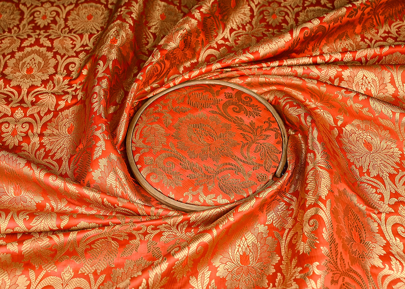 Orange-Banarasi-Brocade-Fabric-With-All-Over-Golden-Zari-Handloom-21868-close-view