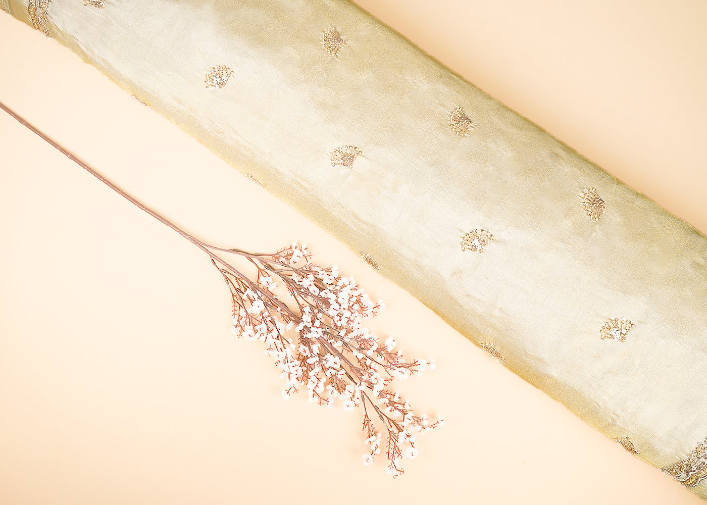 Golden Dyeable Tissue Fabric With All Over Buti Of Katdana, Bead And Sequins Work With One Side Scalloped Border 21871