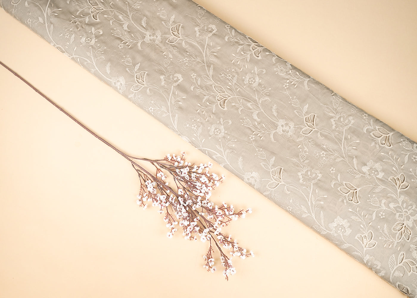 Cream Cotton Fabric With All Over Thread And Cutwork With Scalloped Edge 21878