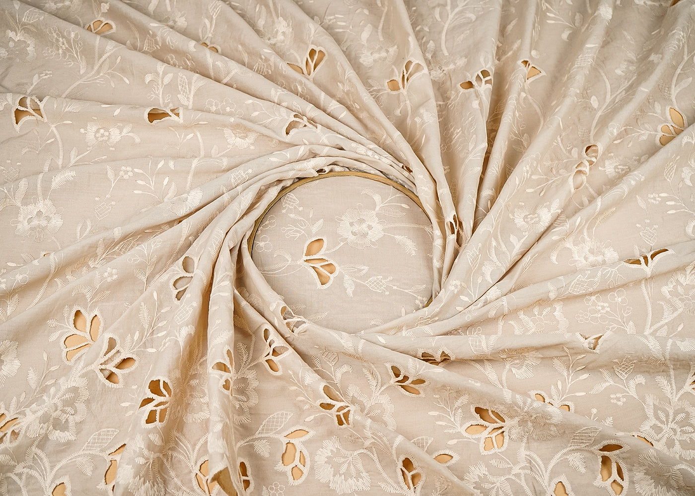 Cream Cotton Fabric With All Over Thread And Cutwork With Scalloped Edge 21878