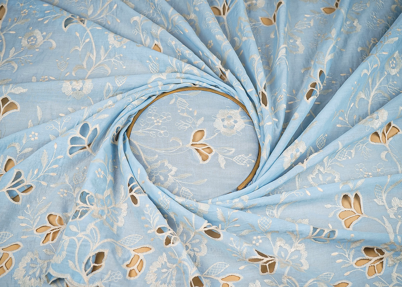 Light Blue Cotton Fabric With All Over Thread And Cutwork With Scalloped Edge 21879