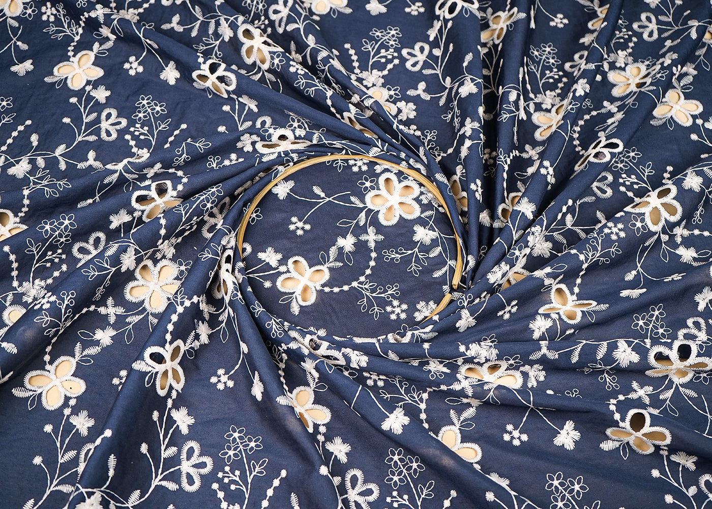 Navy Blue Cotton Fabric With All Over Thread And Cutwork With Scalloped Edge 21883