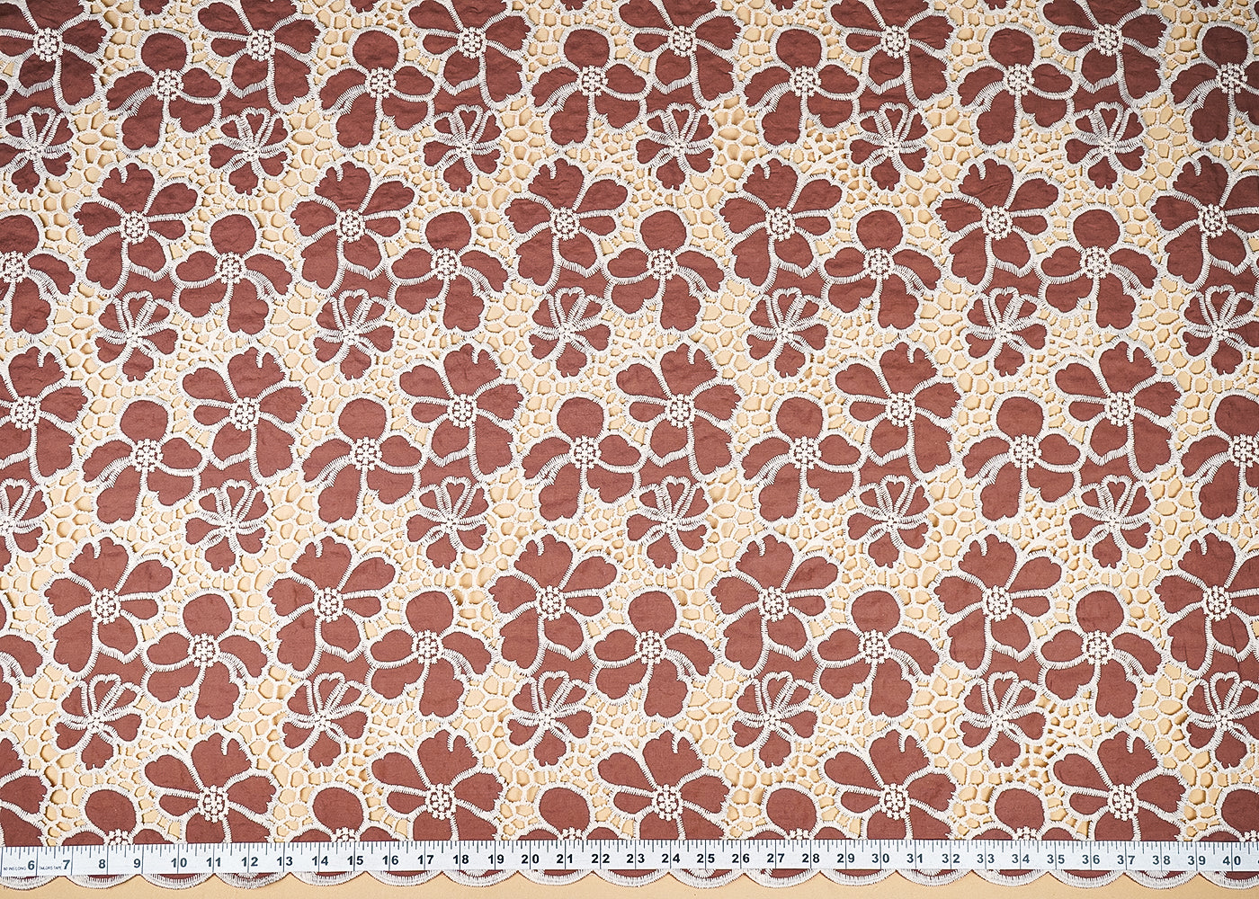 Brown Cotton Fabric With All Over Thread And Cutwork With Scalloped Edges 21884