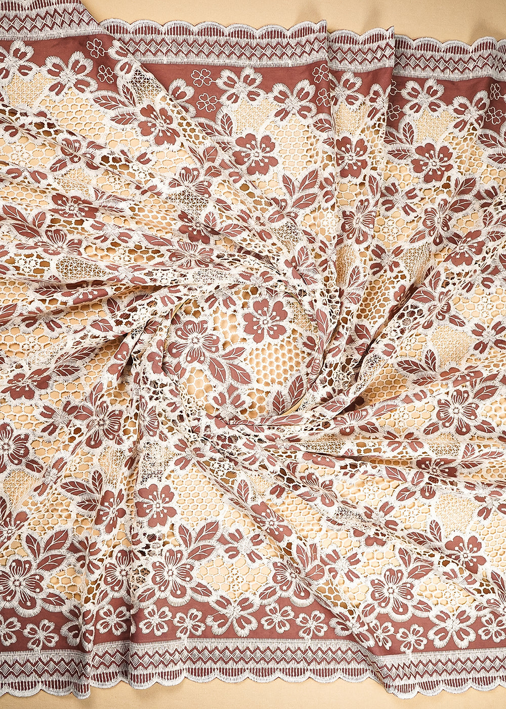 Brown Cotton Fabric With All Over Thread And Cutwork With Two Side Scalloped Border 21885