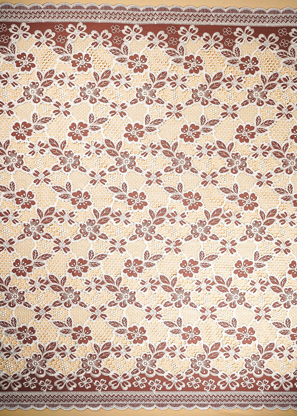Brown Cotton Fabric With All Over Thread And Cutwork With Two Side Scalloped Border 21885