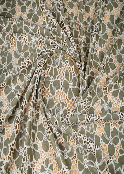Olive Green Cotton Fabric With All Over Thread And Cutwork With Scalloped Edges 21887