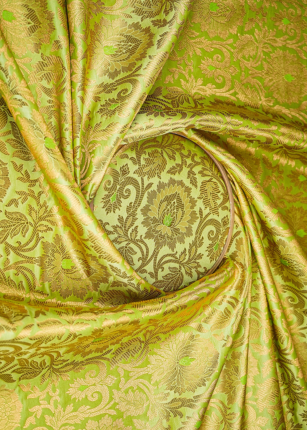 Lime-Green-Banarasi-Brocade-Fabric-With-All-Over-Golden-Zari-Handloom-21902-close-view