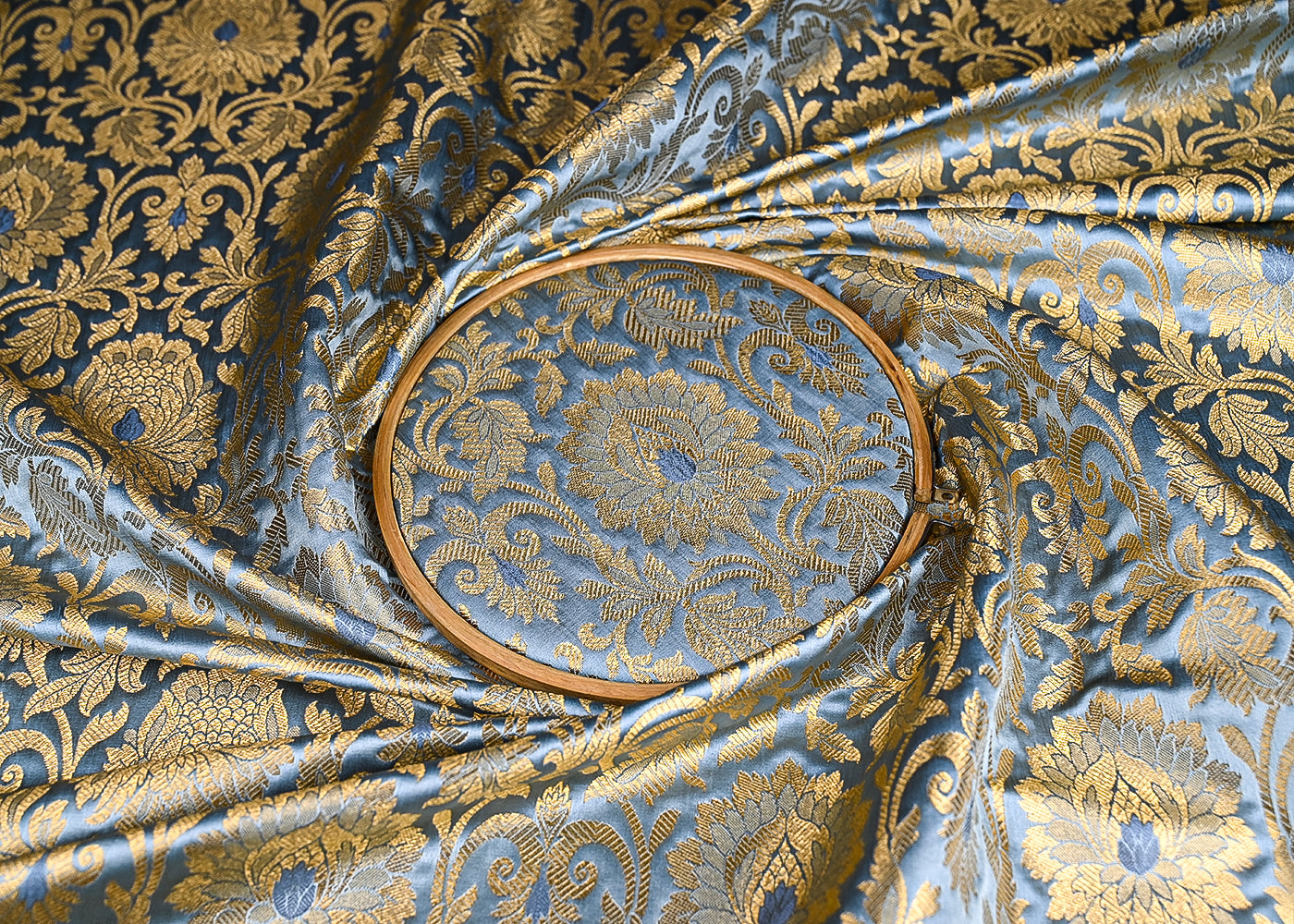 Grey Banarasi Brocade Fabric With All Over Golden Zari Handloom 21903