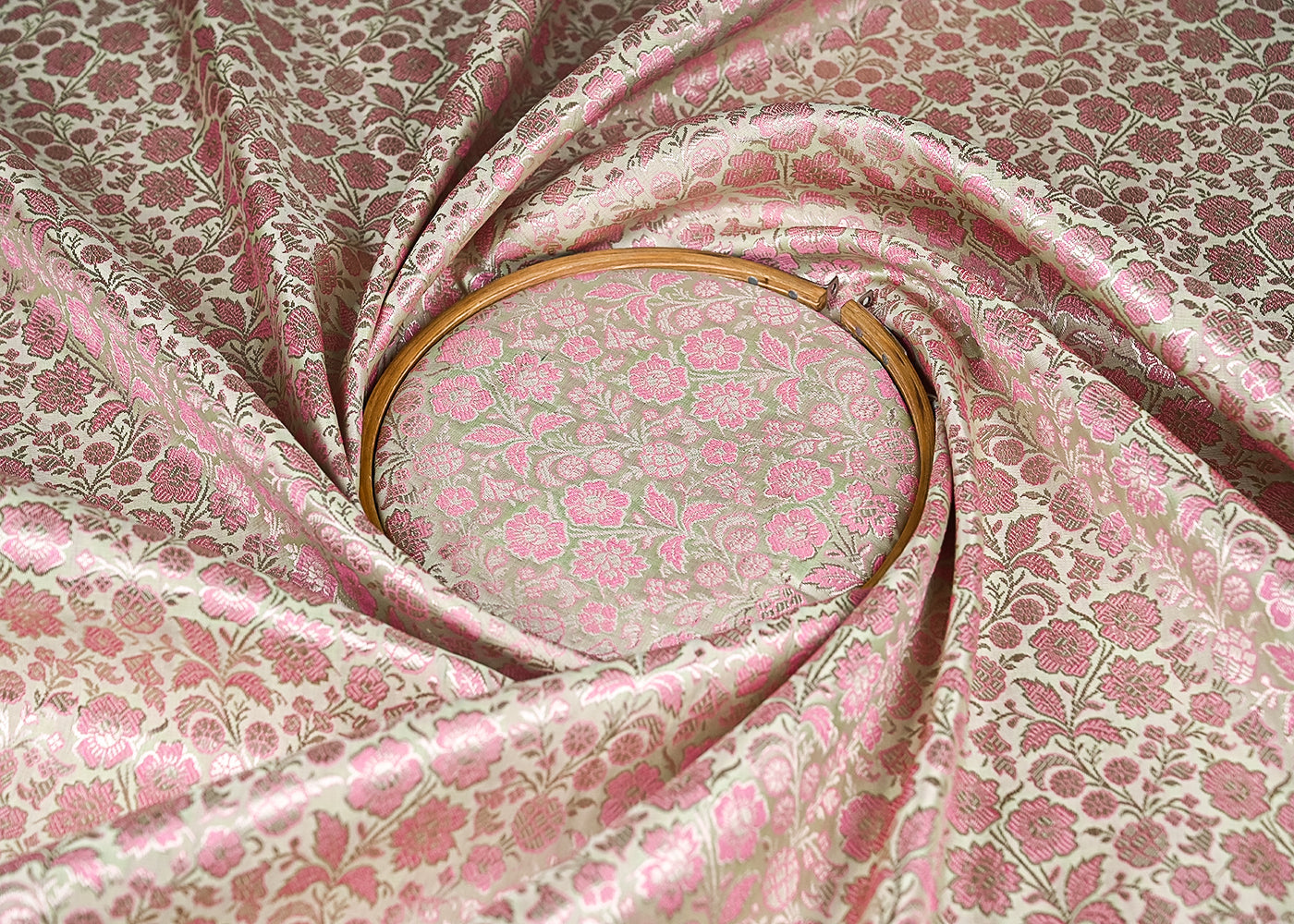 Pista Green Banarasi Brocade Fabric With All Over Thread And Golden Zari Handloom 21904