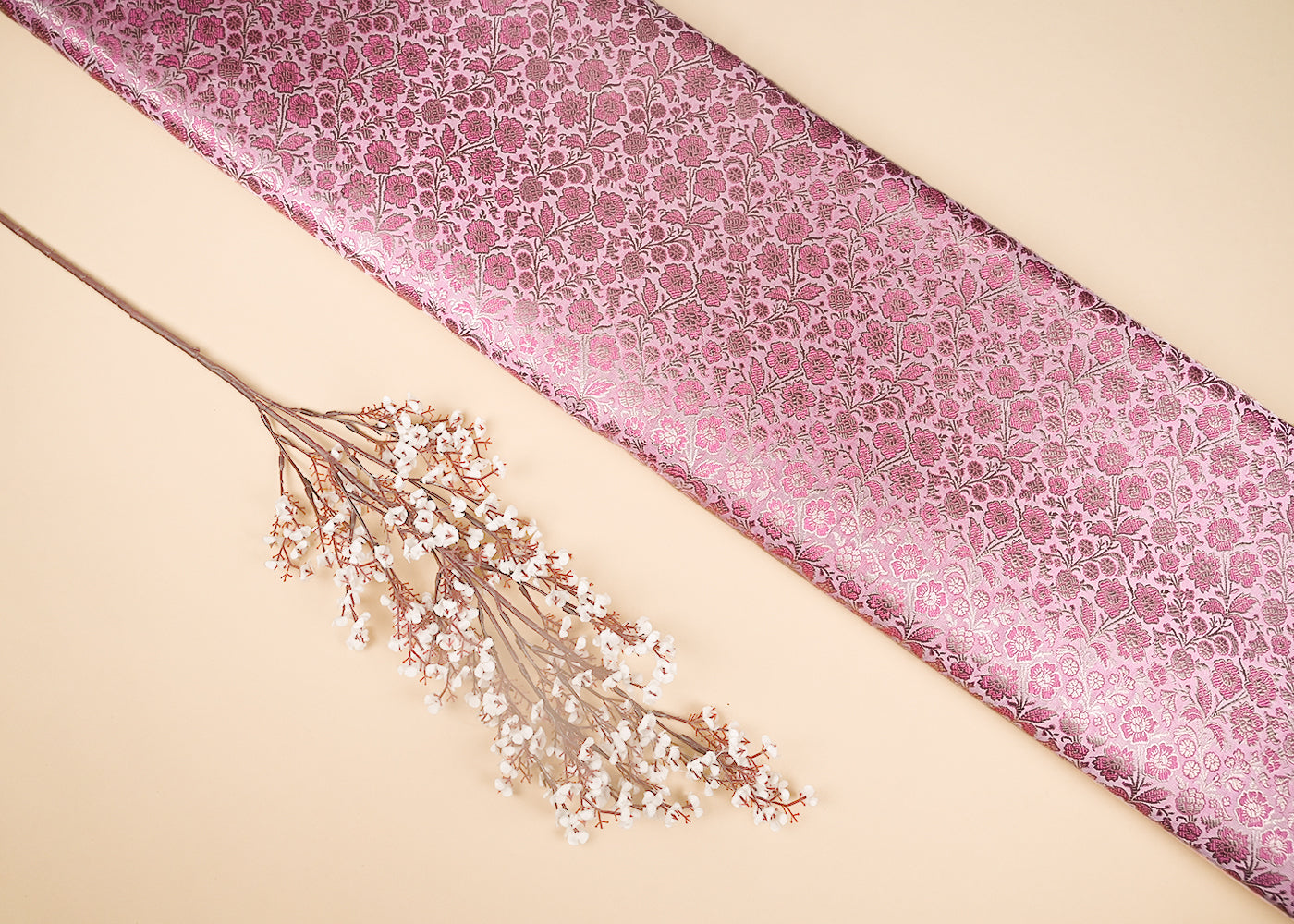 Baby Pink Banarasi Brocade Fabric With All Over Thread And Golden Zari Handloom 21905