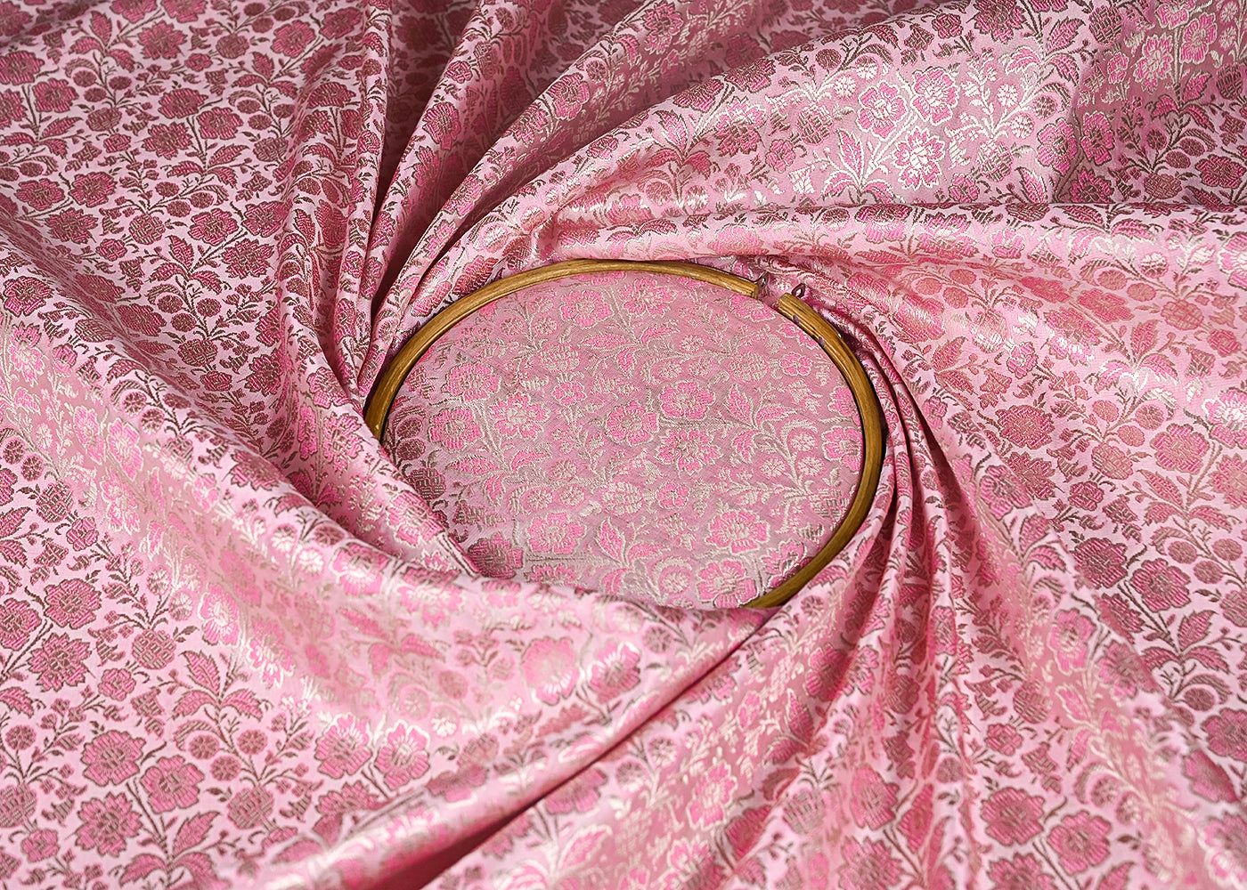 Baby Pink Banarasi Brocade Fabric With All Over Thread And Golden Zari Handloom 21905