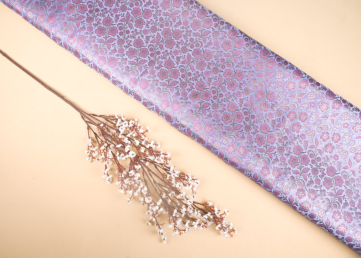 Lilac Banarasi Brocade Fabric With All Over Thread And Golden Zari Handloom 21906