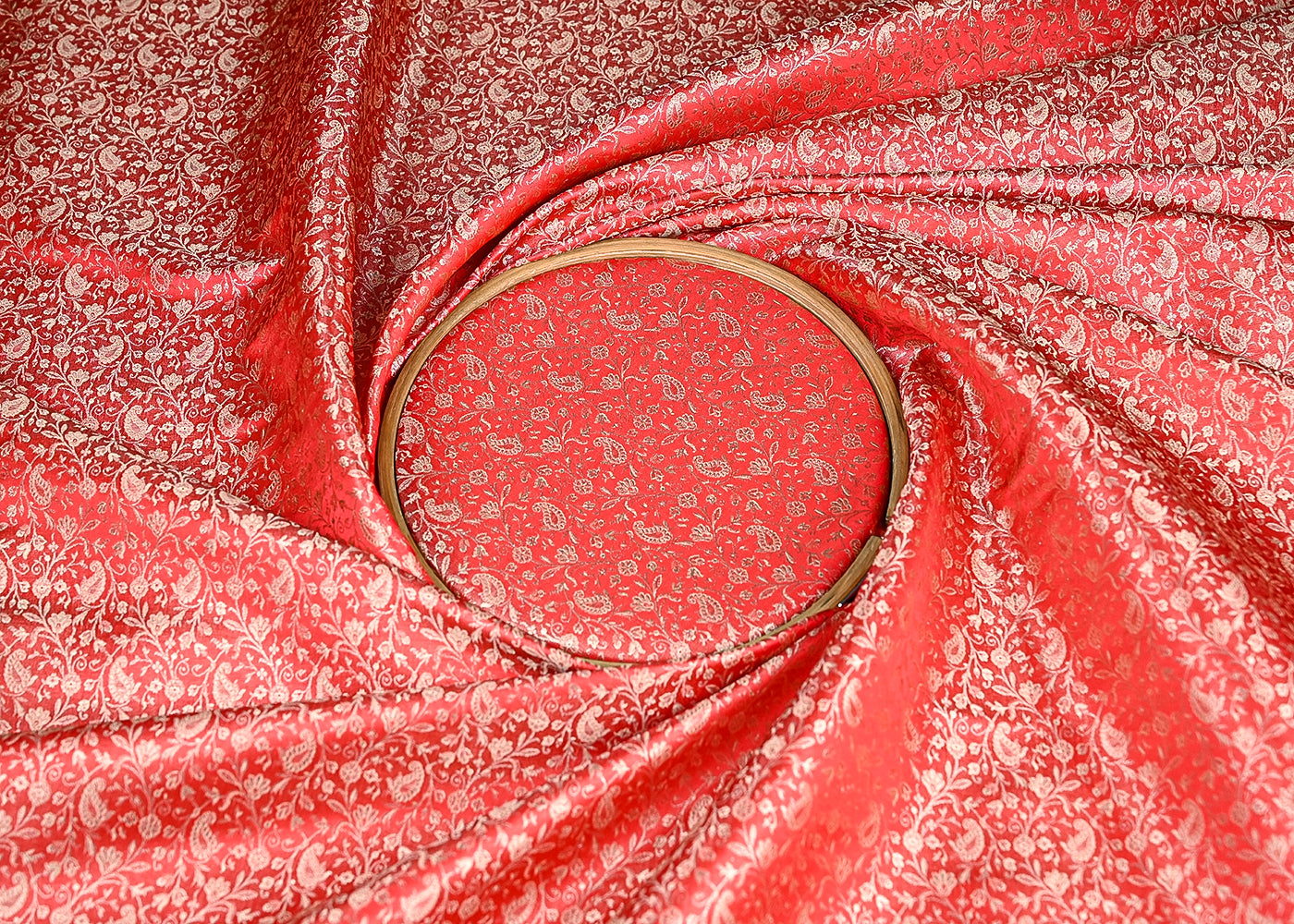 Red Banarasi Brocade Fabric With All Over Zari Handloom 21915