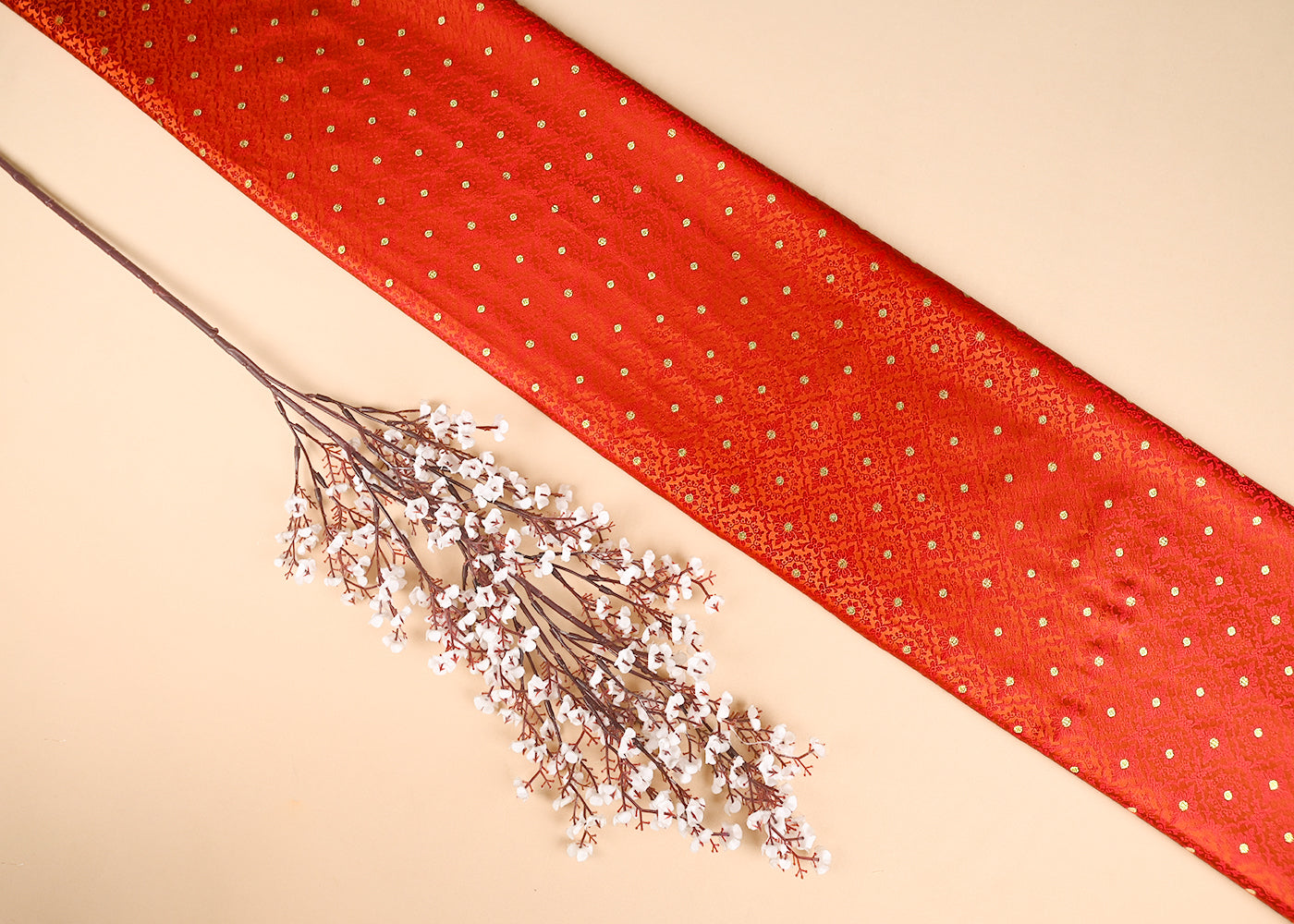 Orange Banarasi Brocade Fabric With All Over Golden Zari Handloom 21916