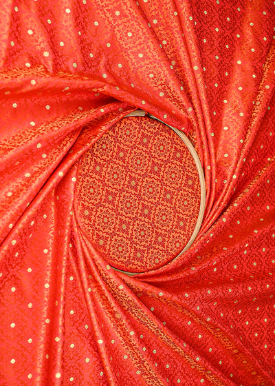 Orange Banarasi Brocade Fabric With All Over Golden Zari Handloom 21916