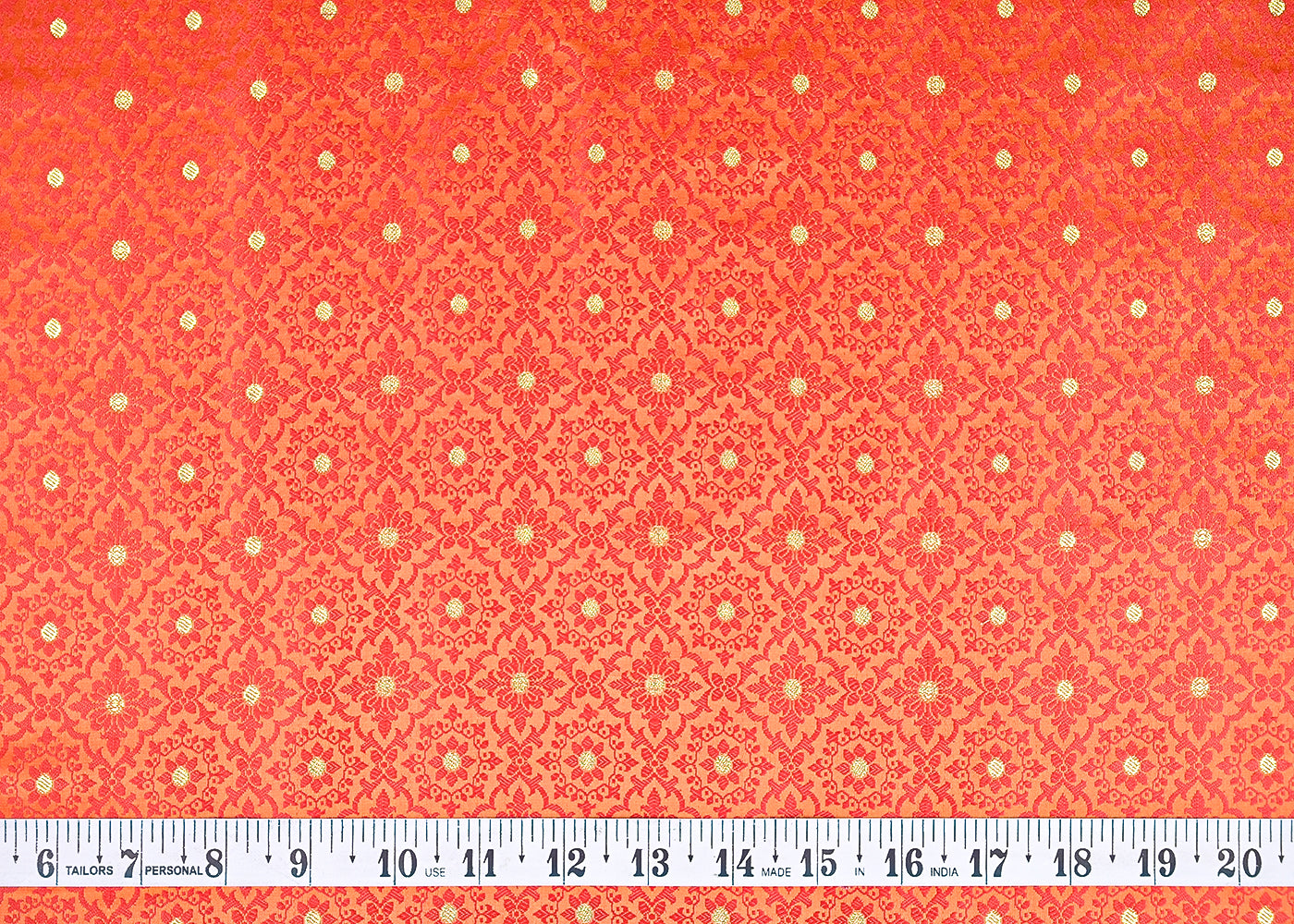 Orange Banarasi Brocade Fabric With All Over Golden Zari Handloom 21916