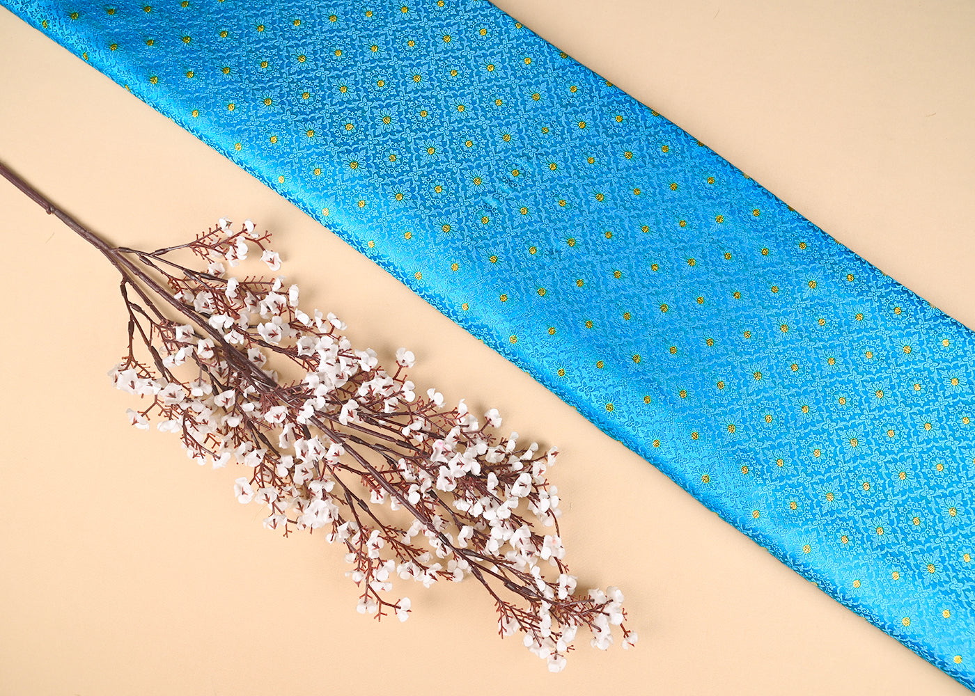 Blue Banarasi Brocade Fabric With All Over Golden Zari Handloom 21918