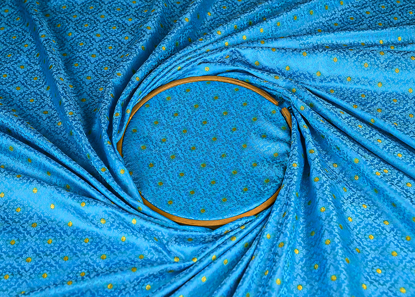 Blue Banarasi Brocade Fabric With All Over Golden Zari Handloom 21918