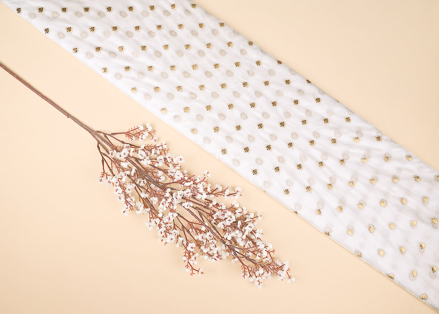 White Dyeable Banarasi Brocade Fabric With All Over Buti Of Golden Zari Handloom 21924