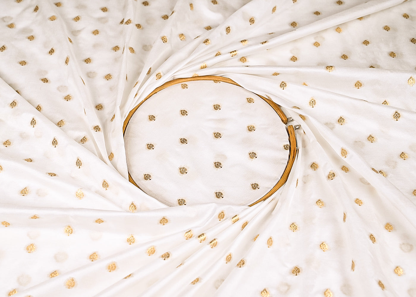 White Dyeable Banarasi Brocade Fabric With All Over Buti Of Golden Zari Handloom 21924