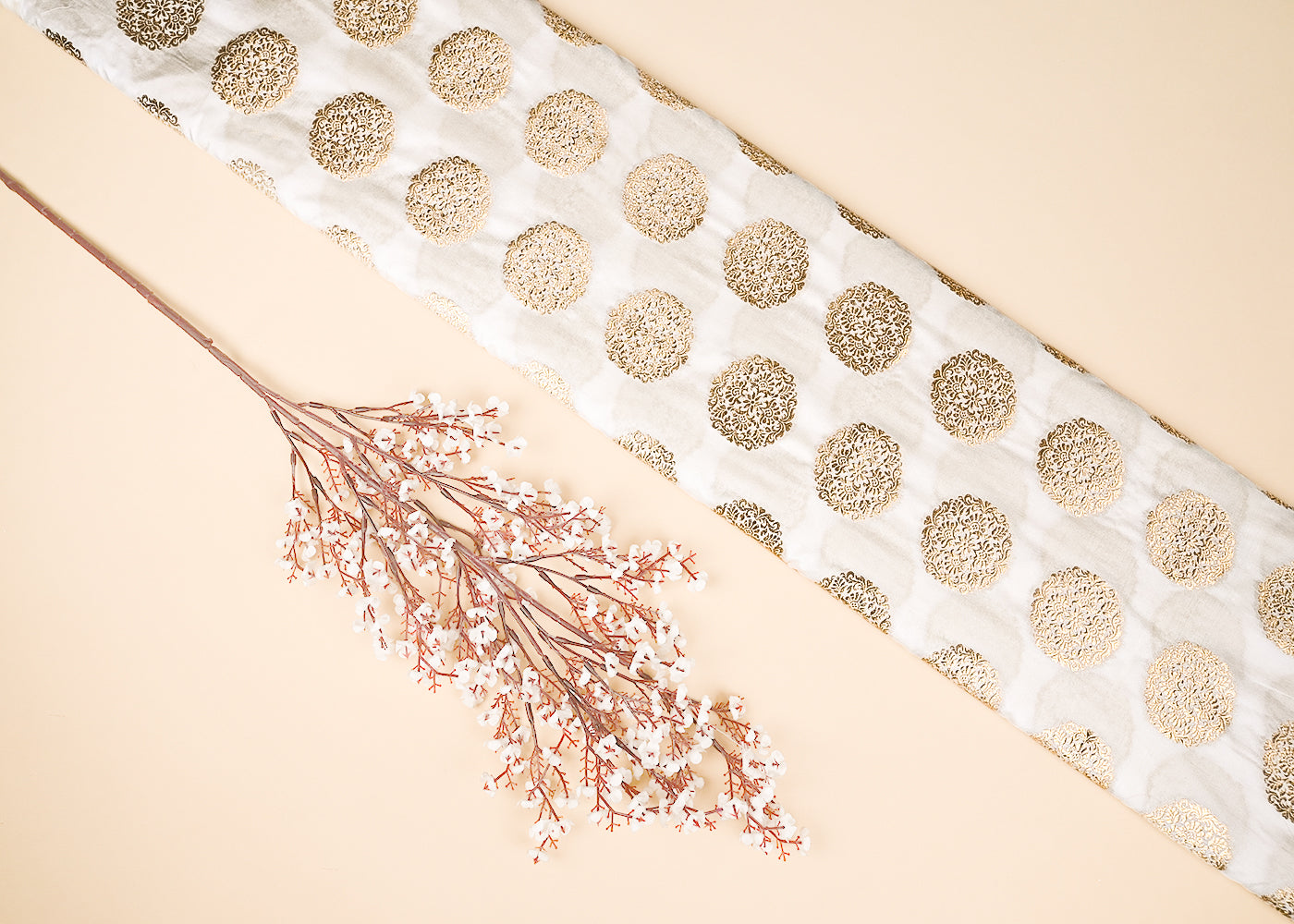 White Dyeable Banarasi Brocade Fabric With All Over Golden Zari Handloom 21925