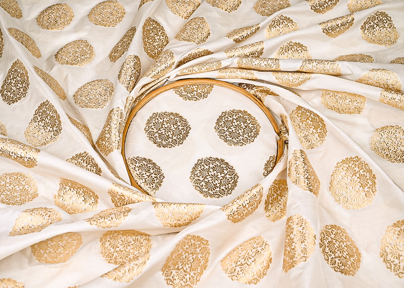 White Dyeable Banarasi Brocade Fabric With All Over Golden Zari Handloom 21925