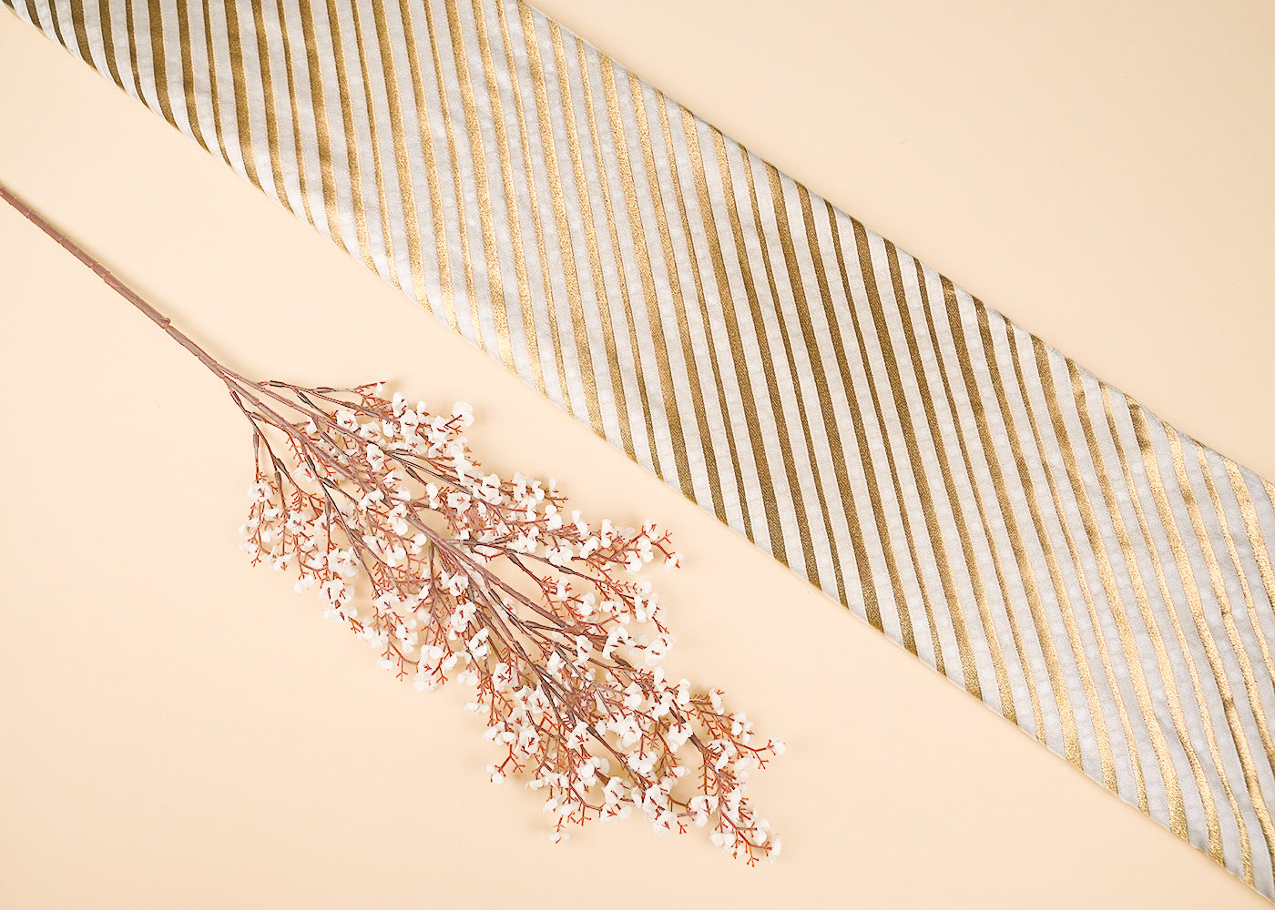 White Dyeable Banarasi Brocade Fabric With All Over Stripes Of Golden Zari Handloom 21926