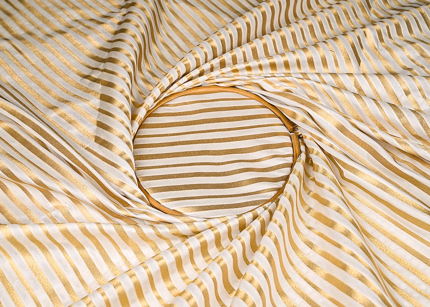 White Dyeable Banarasi Brocade Fabric With All Over Stripes Of Golden Zari Handloom 21926