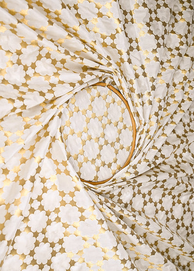 White Dyeable Banarasi Brocade Fabric With All Over Golden Zari Handloom 21929