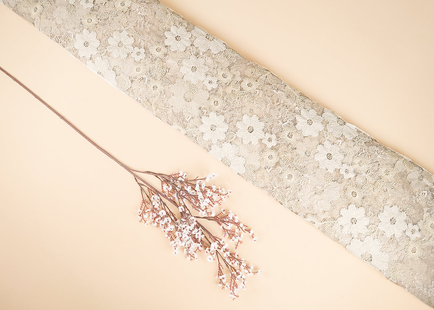 Cream Sandline Lace Fabric with All Over Floral Pattern With Thread, Sequins and Katdana Work 21931