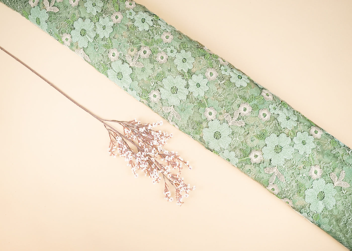 Light Green Sandline Lace Fabric with All Over Floral Pattern With Thread, Sequins and Katdana Work 21933