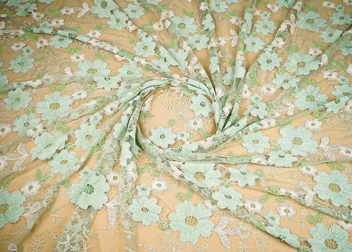 Light Green Sandline Lace Fabric with All Over Floral Pattern With Thread, Sequins and Katdana Work 21933