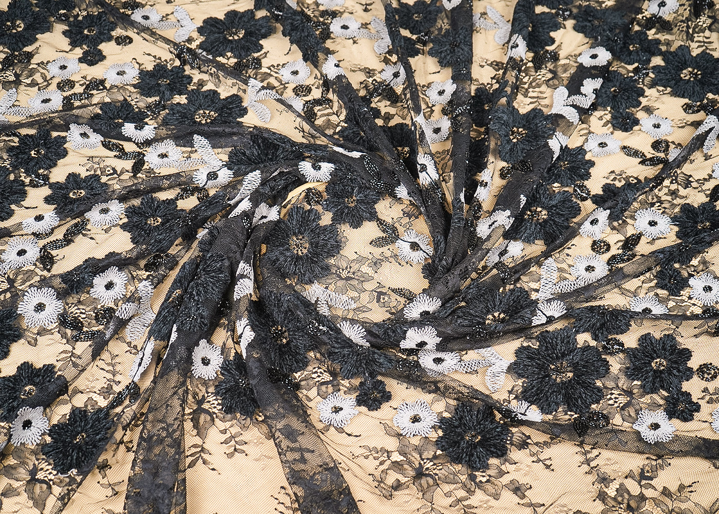 Black Sandline Lace Fabric with All Over Floral Pattern With Thread, Sequins and Katdana Work 21934