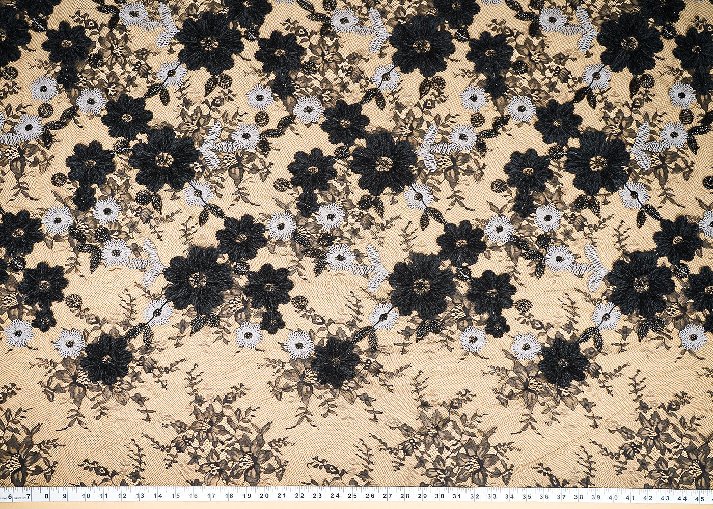 Black Sandline Lace Fabric with All Over Floral Pattern With Thread, Sequins and Katdana Work 21934