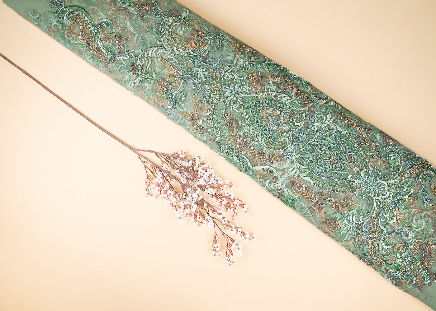 Sea Green Imported Net Fabric With All Over Sequins, Thread, Bead And Katdana Work 21935