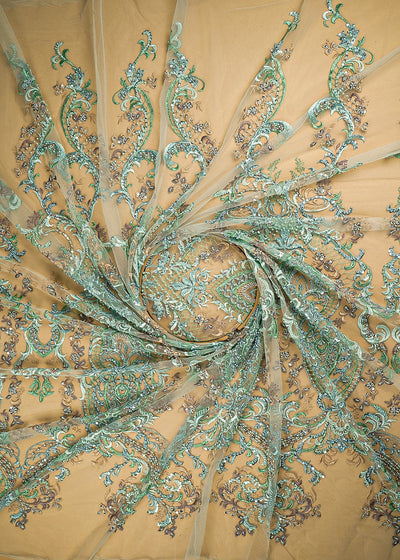 Sea Green Imported Net Fabric With All Over Sequins, Thread, Bead And Katdana Work 21935