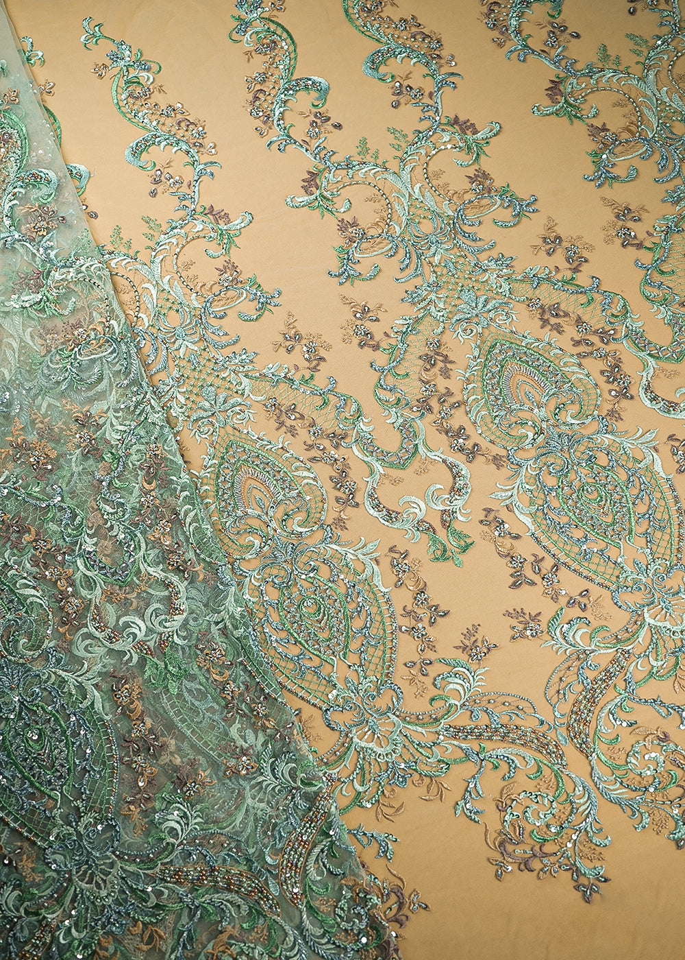 Sea Green Imported Net Fabric With All Over Sequins, Thread, Bead And Katdana Work 21935