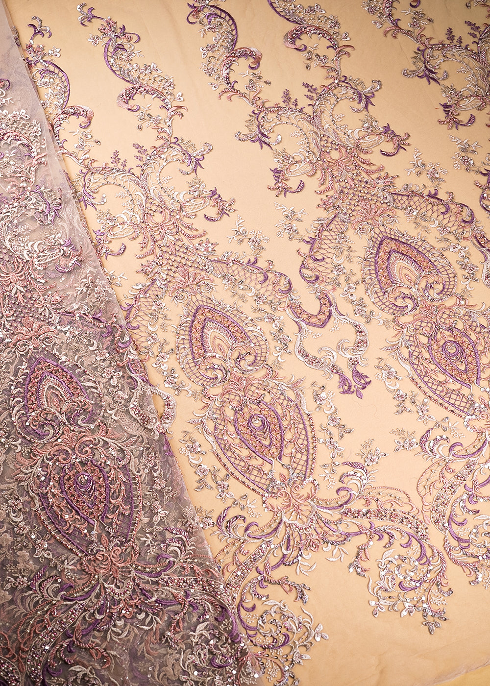 Onion Pink Imported Net Fabric With All Over Sequins, Thread, Bead And Katdana Work 21936