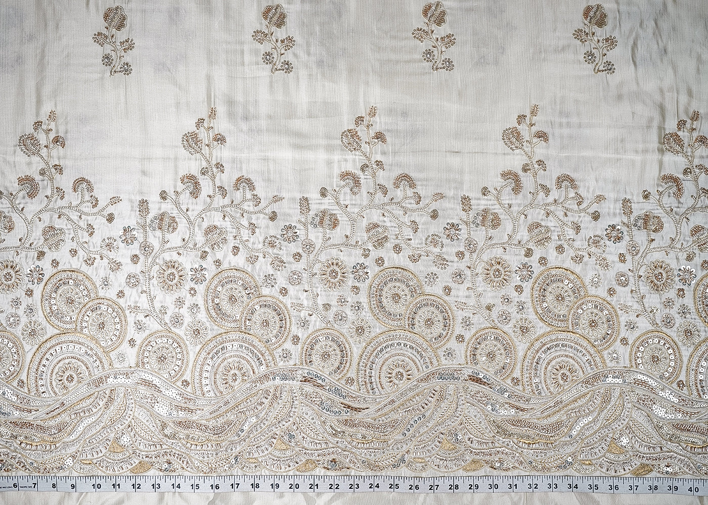 White Dyeable Silk Fabric With All Over Buti Of Zari, Sequins, Katdana And Bead Work With One Side Scalloped Border 21938-measurement-view