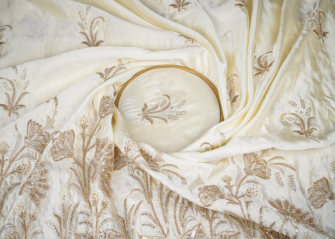 White Dyeable Silk Fabric With All Over Buti Of Zari, Sequins, Katdana And Bead Work With One Side Border 21939