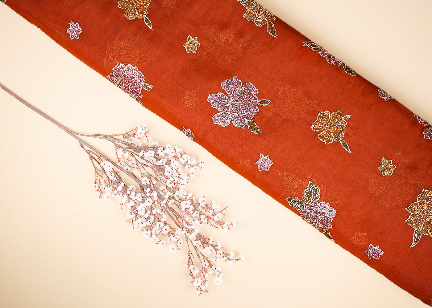 Rust Chanderi Fabric With All Over Floral Motif Of Thread, Zari And Sequins Work 21940