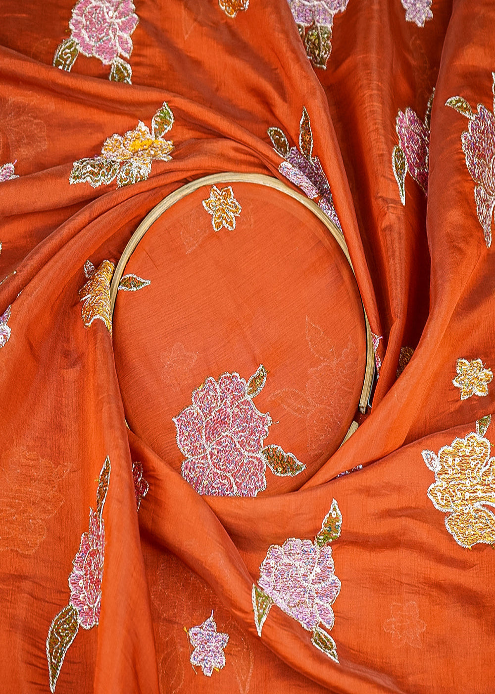 Rust-Chanderi-Fabric-With-All-Over-Floral-Motif-Of-Thread-Zari-And-Sequins-Work-21940-close-view