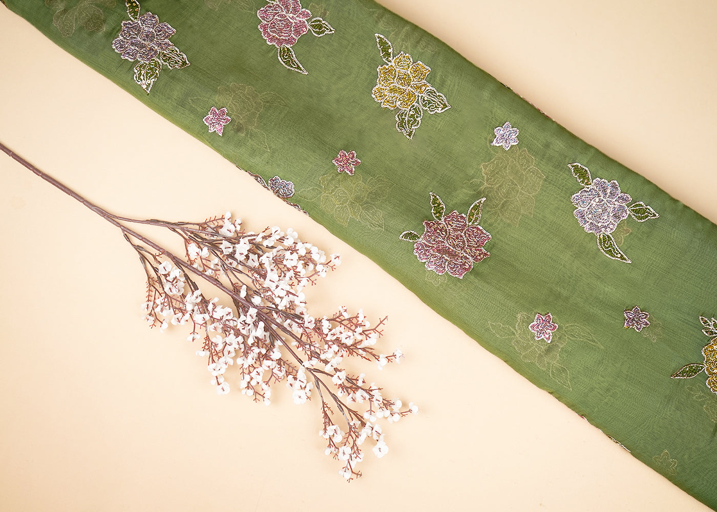 Green Chanderi Fabric With All Over Floral Motif Of Thread, Zari And Sequins Work 21942