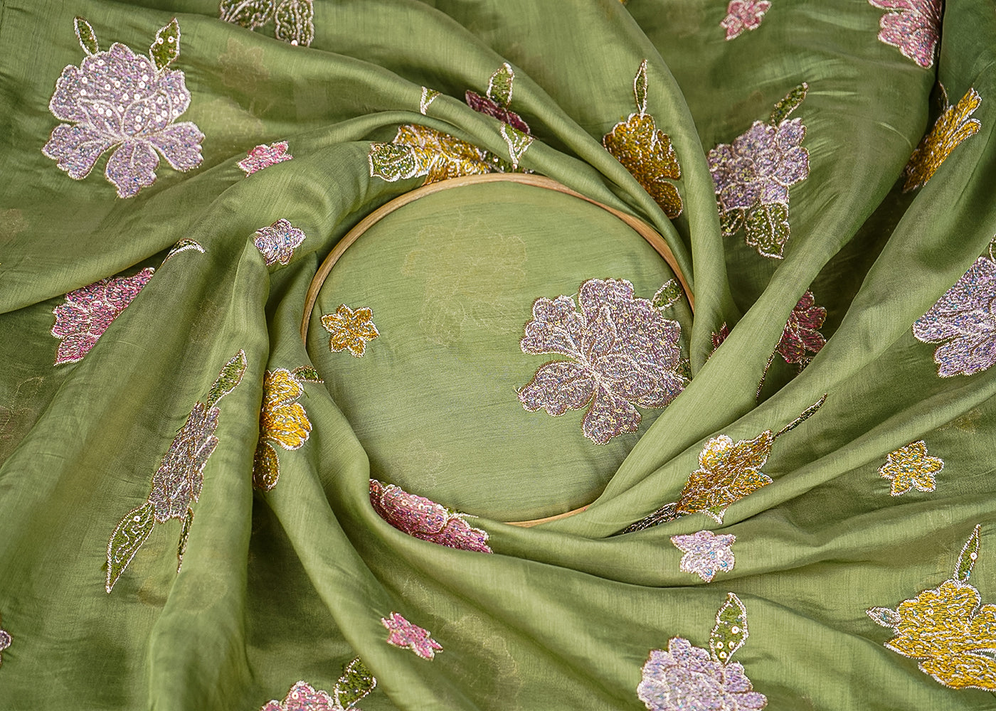 Green Chanderi Fabric With All Over Floral Motif Of Thread, Zari And Sequins Work 21942