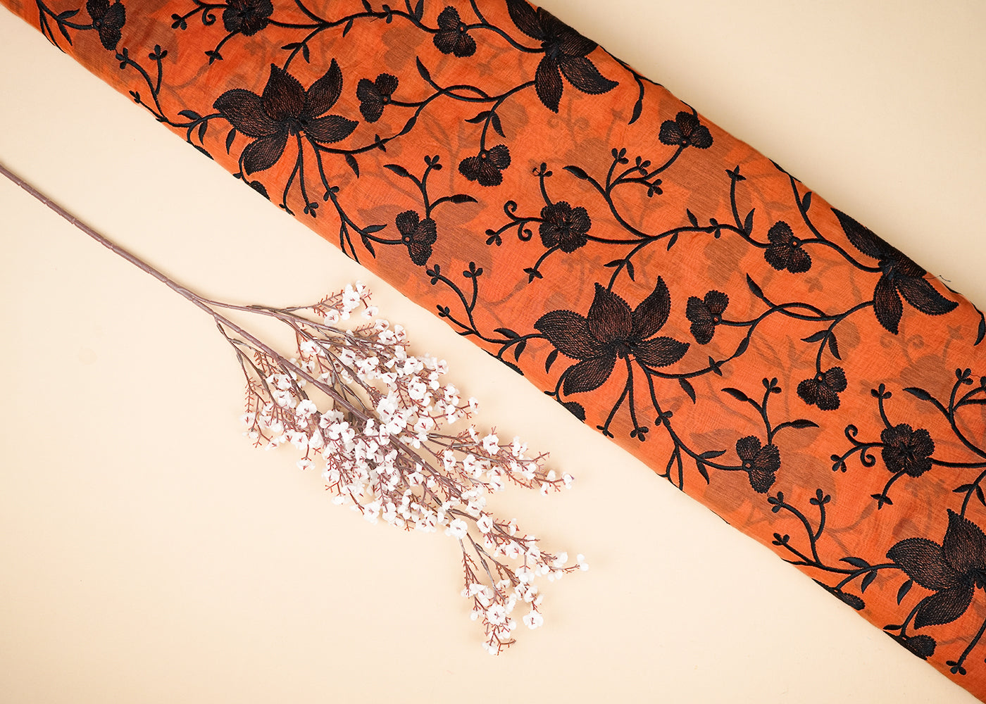 Orange Chanderi Fabric With All Over Thread Work 21949